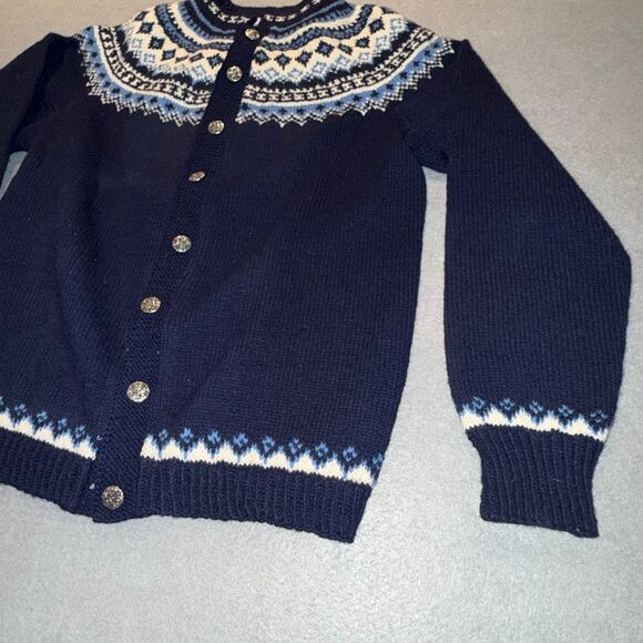 Vintage Norwegian Hand Knit Wool Cardigan Fair Isle Nordic Blue Button Front Wom - Picture 4 of 11